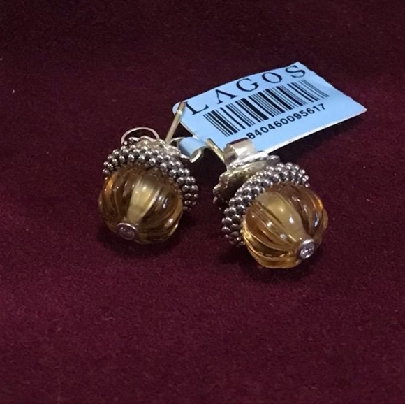 Lagos Caviar Silver 18k Gold Diamond Citrine Forever Melon Stud Earrings New - Picture 4 of 7